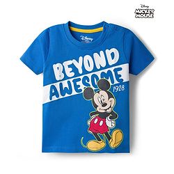 Babyhug Disney 100% Cotton Knit Half Sleeves T-Shirt With Mickey Mouse Graphic - Blue