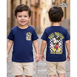 Babyhug Disney 100% Cotton Knit Half Sleeves T-Shirt With Front & Back Mickey Mouse Graphic - Navy Blue
