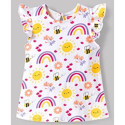 Babyhug Cotton Knit Sleeveless Knee Length Floral & Bees Printed Nighty -White