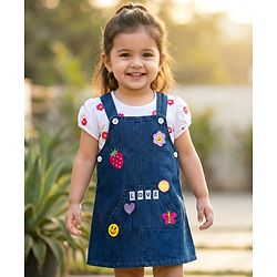 Babyhug Cotton Woven Frock & Half Sleeves Inner Tee With Floral Print & Embroidery - Navy Blue & White