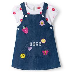 Babyhug Cotton Woven Frock & Half Sleeves Inner Tee With Floral Print & Embroidery - Navy Blue & White