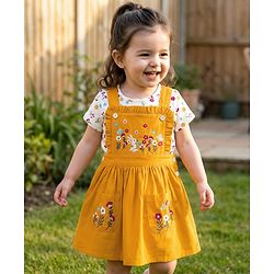 Babyhug Cotton Woven Frock & Half Sleeves Inner Tee With Floral Print & Embroidery - Yellow & White