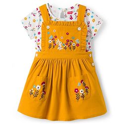 Babyhug Cotton Woven Frock & Half Sleeves Inner Tee With Floral Print & Embroidery - Yellow & White