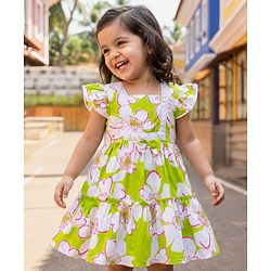 Babyhug 100% Rayon Woven Frill Sleeves Floral Printed Frock - White & Lime Green