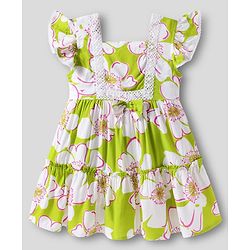 Babyhug 100% Rayon Woven Frill Sleeves Floral Printed Frock - White & Lime Green