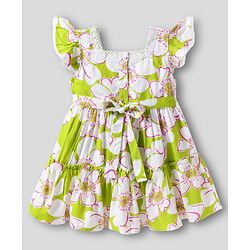 Babyhug 100% Rayon Woven Frill Sleeves Floral Printed Frock - White & Lime Green