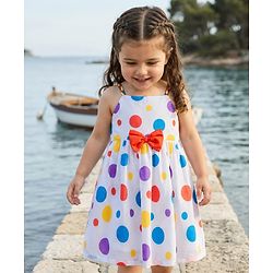 Babyhug Woven Sleeveless Frock With Polka Dot Print & Bow Applique - White