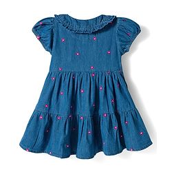 Babyhug Woven Half Sleeves Frock With Floral Embroidery - Blue