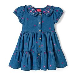 Babyhug Woven Half Sleeves Frock With Floral Embroidery - Blue