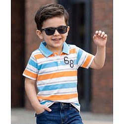 Babyhug Cotton Knit Half Sleeves Striped Number Embroidery Polo T-Shirt - MultiColour