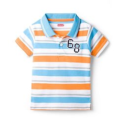 Babyhug Cotton Knit Half Sleeves Striped Number Embroidery Polo T-Shirt - MultiColour