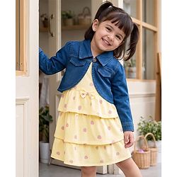 Babyhug 100% Cotton Knit Full Sleeves Strawberry Printed Layered Frock With Jacket - Yellow