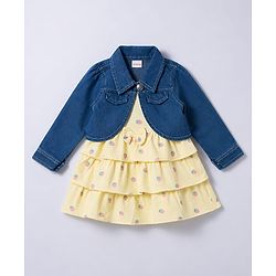 Babyhug 100% Cotton Knit Full Sleeves Strawberry Printed Layered Frock With Jacket - Yellow