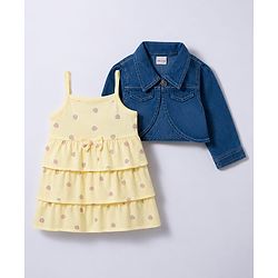 Babyhug 100% Cotton Knit Full Sleeves Strawberry Printed Layered Frock With Jacket - Yellow