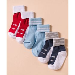 Cute Walk by Babyhug Non Terry Knit Antibacterial Ankle Length Socks With Design Pack of 3 - Red Light Blue & Navy Blue