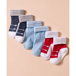 Cute Walk by Babyhug Non Terry Knit Antibacterial Ankle Length Socks With Design Pack of 3 - Red Light Blue & Navy Blue