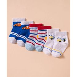 Cute Walk by Babyhug Non Terry Cotton Knit Anti Bacterial Ankle Length Socks With Stripes & Vehicles Design Pack of 3 - Multicolour