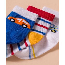 Cute Walk by Babyhug Non Terry Cotton Knit Anti Bacterial Ankle Length Socks With Stripes & Vehicles Design Pack of 3 - Multicolour