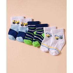 Cute Walk by Babyhug Non Terry Cotton Knit Anti Bacterial Ankle Length Socks With Stripes & Vehicles Design Pack of 3 - Multicolour