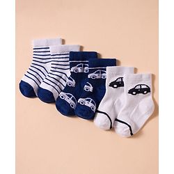 Cute Walk by Babyhug Non Terry Knit Antibacterial Ankle Length Socks With Vehicle Design Pack of 3 - White & Navy Blue