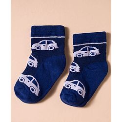 Cute Walk by Babyhug Non Terry Knit Antibacterial Ankle Length Socks With Vehicle Design Pack of 3 - White & Navy Blue