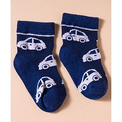 Cute Walk by Babyhug Non Terry Knit Antibacterial Ankle Length Socks With Vehicle Design Pack of 3 - White & Navy Blue
