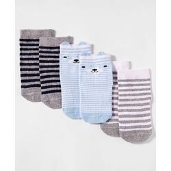 Cute Walk by Babyhug Non Terry Cotton Knit Anti Bacterial Ankle Length Anti Skid Socks With Stripes & Animal Design Pack of 3 - Multicolour