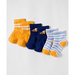 Cute Walk by Babyhug Non Terry Knit Antibacterial Ankle Length Socks With Design Pack of 3 - Mustard Navy Blue & Light Blue