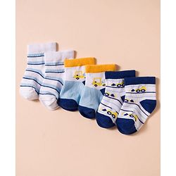 Cute Walk by Babyhug Non Terry Cotton Knit Anti Bacterial Ankle Length Socks With Stripes & Construction Vehicles Design Pack of 3 - Multicolour