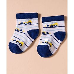 Cute Walk by Babyhug Non Terry Cotton Knit Anti Bacterial Ankle Length Socks With Stripes & Construction Vehicles Design Pack of 3 - Multicolour