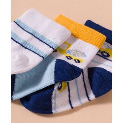 Cute Walk by Babyhug Non Terry Cotton Knit Anti Bacterial Ankle Length Socks With Stripes & Construction Vehicles Design Pack of 3 - Multicolour