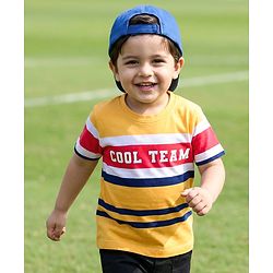 Babyhug Cotton Knit Half Sleeves Striped T-Shirt with Cool Team Print - Multicolor