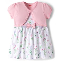 Babyhug Single Jersey Knit Frock & Half Sleeves Shrug With Floral Print & Bow Applique - White