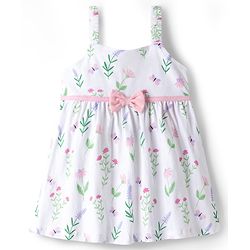 Babyhug Single Jersey Knit Frock & Half Sleeves Shrug With Floral Print & Bow Applique - White