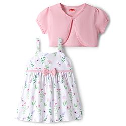 Babyhug Single Jersey Knit Frock & Half Sleeves Shrug With Floral Print & Bow Applique - White