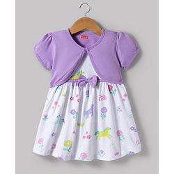 Babyhug Single Jersey Knit Half Puffed Sleeves Shrug with Unicorn Printed Frock & Bow Applique - White