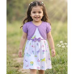 Babyhug Single Jersey Knit Half Puffed Sleeves Shrug with Unicorn Printed Frock & Bow Applique - White