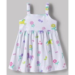 Babyhug Single Jersey Knit Half Puffed Sleeves Shrug with Unicorn Printed Frock & Bow Applique - White