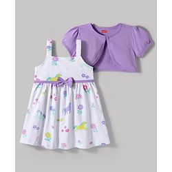 Babyhug Single Jersey Knit Half Puffed Sleeves Shrug with Unicorn Printed Frock & Bow Applique - White