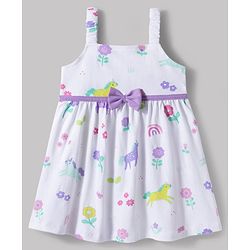 Babyhug Single Jersey Knit Half Puffed Sleeves Shrug with Unicorn Printed Frock & Bow Applique - White