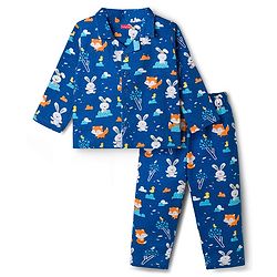 Babyhug Cotton Knit Full Sleeves Shirt & Pyjama Co-ord Night Suit with Animal Print - Navy Blue