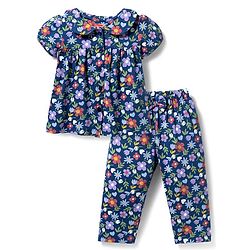 Babyhug Cotton Knit Half Sleeves Floral Printed Co-Ord Top & Pyjama Night Suit - Navy Blue