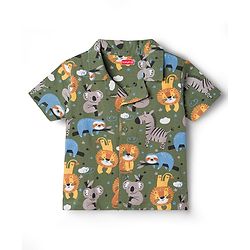 Babyhug Cotton Knit Half Sleeves Shirt & Pyjama Co-ord Night Suit with Animal Print - Green
