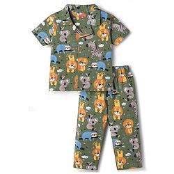 Babyhug Cotton Knit Half Sleeves Shirt & Pyjama Co-ord Night Suit with Animal Print - Green
