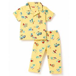 Babyhug 100% Cotton Knit Half Sleeves Animal Printed Co-Ords Shirt & Pyjama Night Suit - Yellow