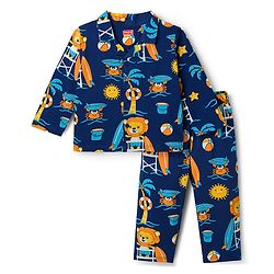 Babyhug Cotton Knit Full Sleeves Shirt & Pyjama Co-ord Night Suit with Beach Theme Print - Navy Blue