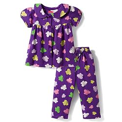 Babyhug Cotton Knit Half Sleeves Butterfly Printed Co-Ords Top & Pyjama Night Suit - Purple