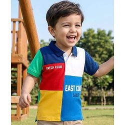 Babyhug Cotton Knit Half Sleeves Cut & Sew Polo T-Shirt with Text Graphics - Multicolour