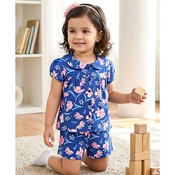 Babyhug Cotton Knit Half Sleeves Front Open Co-ords Top & Short Night Suit with Floral Print - Navy Blue