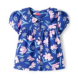 Babyhug Cotton Knit Half Sleeves Front Open Co-ords Top & Short Night Suit with Floral Print - Navy Blue